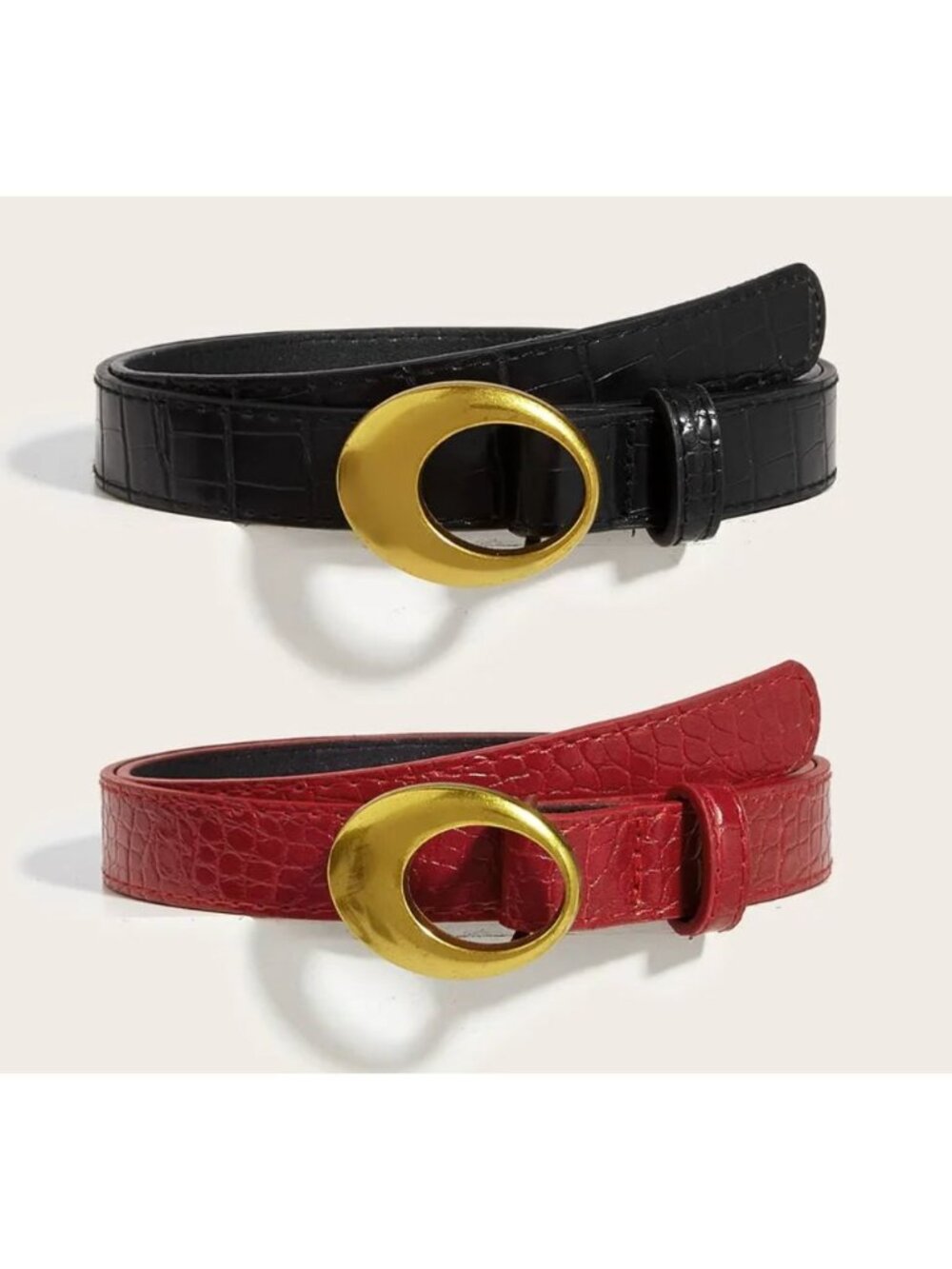 Faux Leather Croc-Embossed Belt With Gold Oval Buckle - Black & Red Set of 2